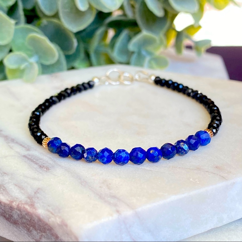 Lapis Lazuli Bracelet blue Natural Gemstone Sterling Silver beaded - Picture 1 of 5
